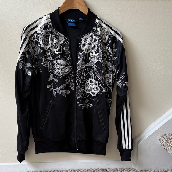 Adidas Black and White Floral Bomber Jacket - Picture 1 of 3